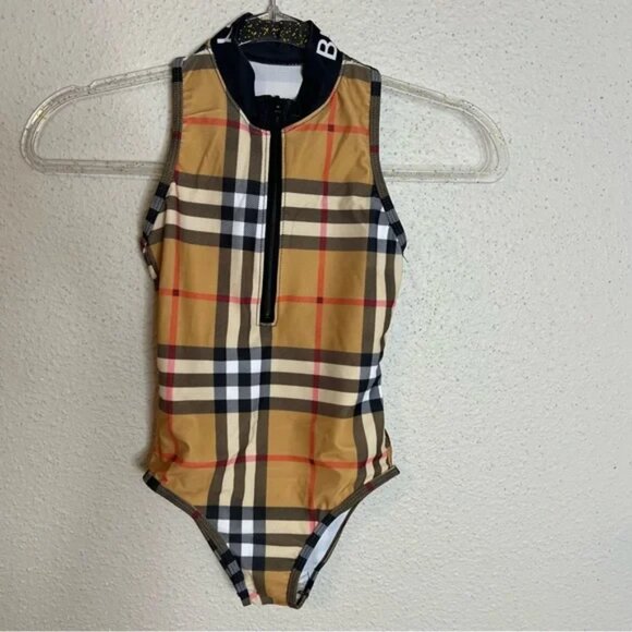 BEIGE CHECK ZIP-UP SWIMSUIT Size XS